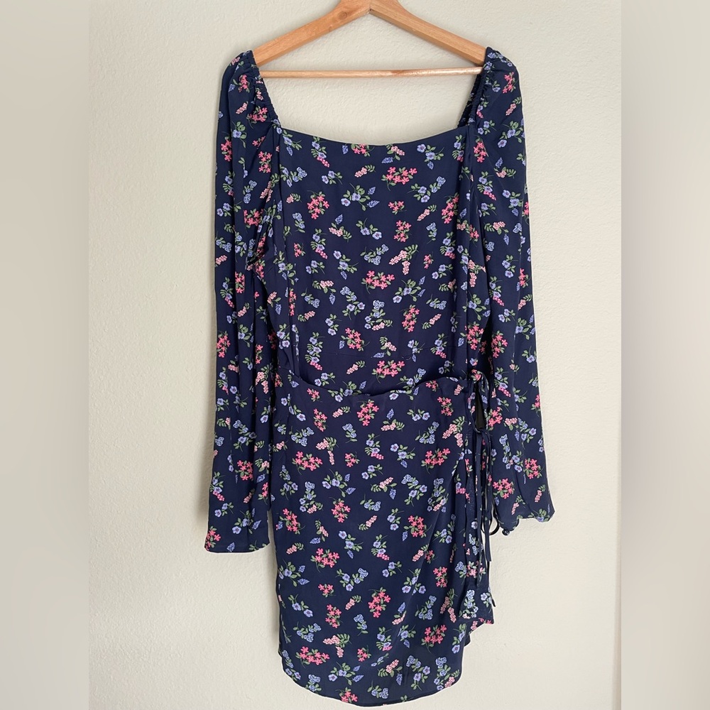 LOFT Floral Wrap Dress Size 16 NWT Navy Blue Square Neck Long Sleeve Cottagecore